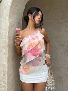 Nueva blusa elegante y romántica de primavera/verano para citas, Día de San Valentín, temporada de bodas, de gasa rosa con un hombro, espalda descubierta, volantes en capas, blusa sexy con volantes para la playa, atuendo de boda, camisa rosa elegan - Multicolor - Ver 1
