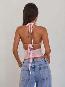 Nuevo camisol de tirantes finos con espalda descubierta y lentejuelas rosas para mujer, elegante y sexy, ideal para el Día de San Valentín, fiestas y viajes - Rosa - Ver 2