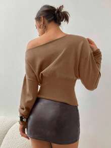 marrón de mujer de manga larga, cuello asimétrico y hombros descubiertos, de punto ajustado, - Camel - Ver 2