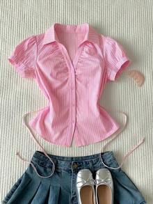 Camisa casual de mujer de manga corta abullonada, de un solo pecho, a rayas azules, ropa de verano - Rosa 2 - Ver 8