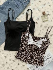 Paquete de 2 tops de camiseta acanalada con sujetador acolchado incorporado - Rosa y Negro/Lunares blancos, tops versátiles casuales para verano y uso en todas las estaciones, estilos suaves y limpios para chica, perfectos para el hogar, la escuela - Negro 3 - Ver 3