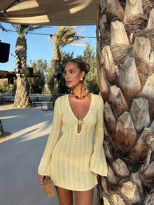 Vestido de manga larga de punto para mujer, estilo de vacaciones en la playa - albaricoque profundo - Ver 4