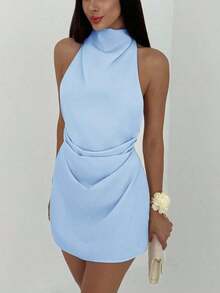 Vestido mini plisado de mujer con espalda abierta y atado - Celeste - Ver 5