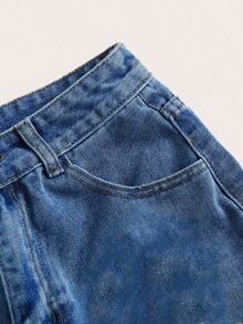 Pantalones cortos vaqueros de cintura alta enrollados para el verano - Azul lavado medio 2 - Ver 5