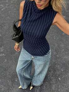Top sin mangas con dobladillo asimétrico a rayas, estilo urbano casual para primavera y verano, ideal para vacaciones, casual, playa, elegante, vacaciones de primavera, color azul marino - Azul marino - Ver 11