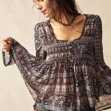 BohoFeels Easter Musical Festival BOHO Woven Printed Flare Long Sleeve Loose Women Shirt - Negro - Ver 7