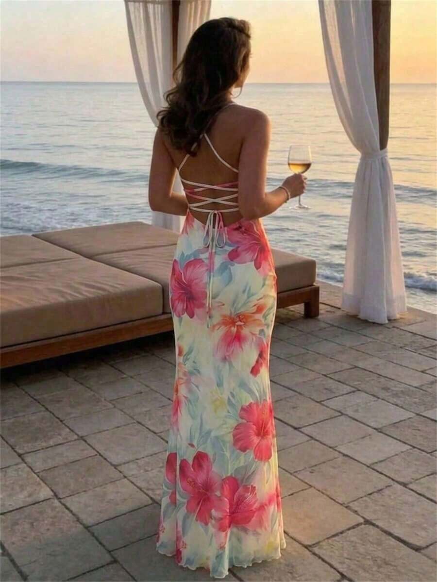 Vestido con estampado floral elegante y espalda descubierta para mujer - Multicolor - Ver 1