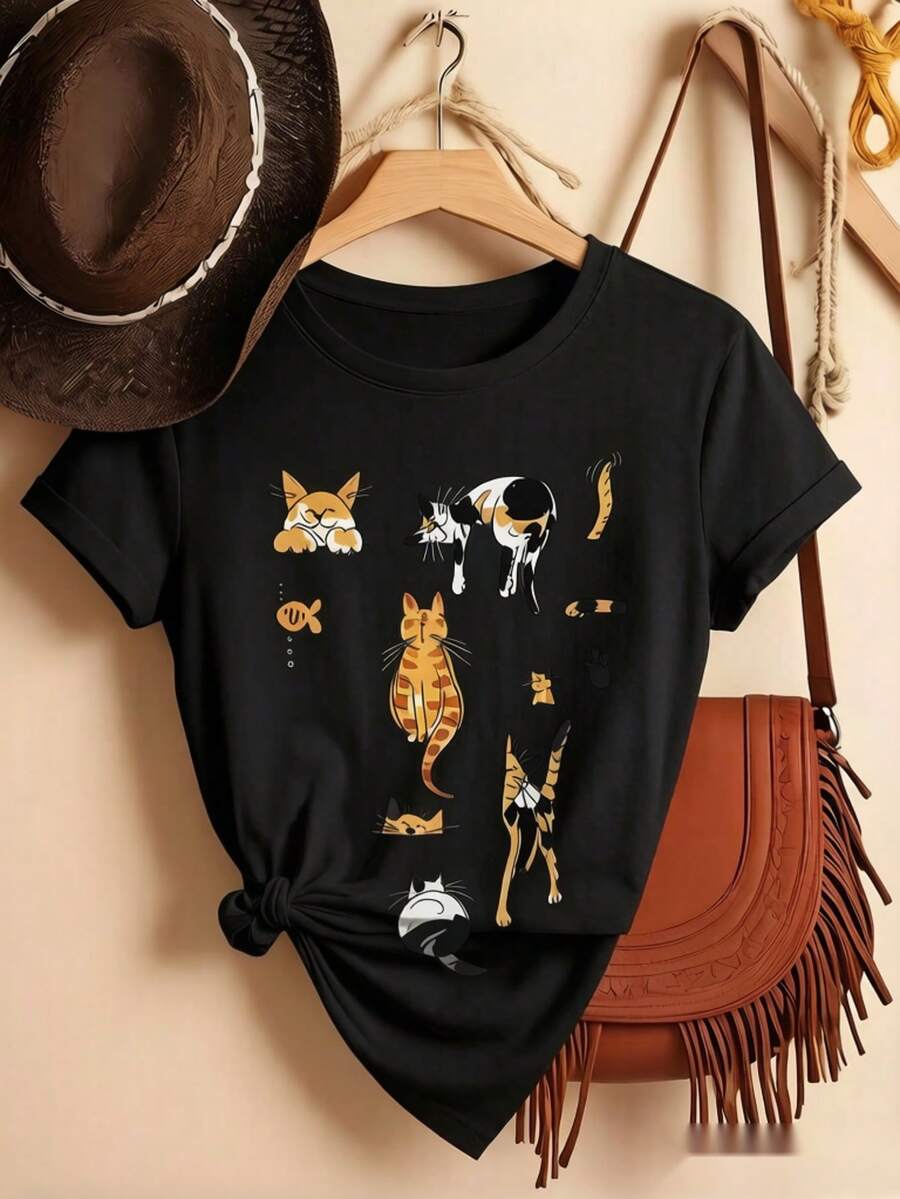 Women Black Short Sleeve Cotton T-Shirt With Adorable Cat Print Design Medium Stretch Fabric Comfortable Tee Top - 黑色 - 查看 1