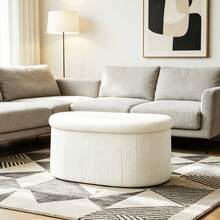 Plush Storage Ottoman Stool 70cm Foldable Pouf Seat with Hidden Storage Soft Fabric Bench Cream /White - 白色 - 查看 1