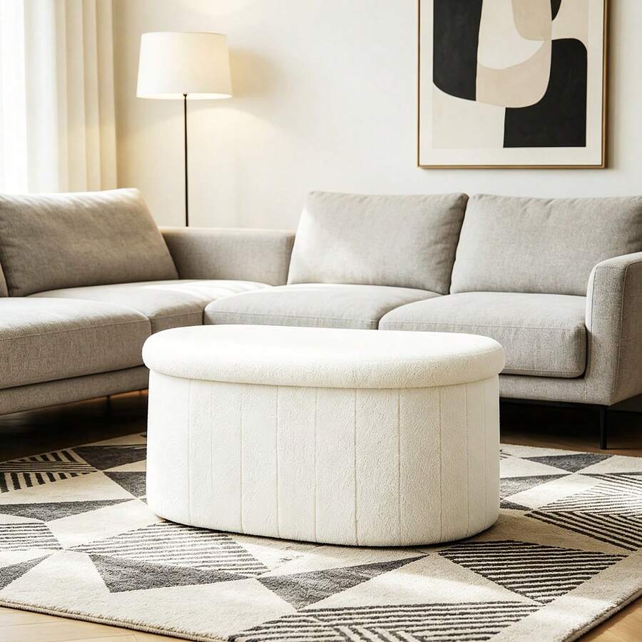 Plush Storage Ottoman Stool 70cm Foldable Pouf Seat with Hidden Storage Soft Fabric Bench Cream /White - 白色 - 查看 1