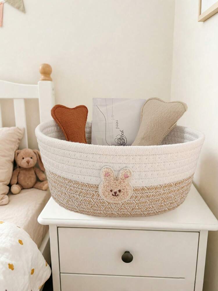 1pc Woven Storage Basket With Cartoon Bear Design, Baby Room Organizer Bin For Infant Supplies - Multicolor - View 3