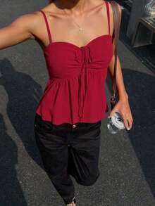 Camiseta de tirantes con volantes de unicolor lindo para damas, ropa de verano para la universidad - Rojo - Ver 8
