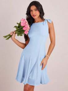 Vestido mini casual y de fiesta con pliegues y lunares para mujer - Celeste - Ver 8
