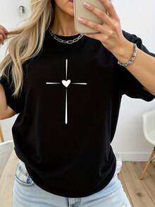 Camiseta de algodón con estampado casual de moda para mujer FLLL - Negro - Ver 1