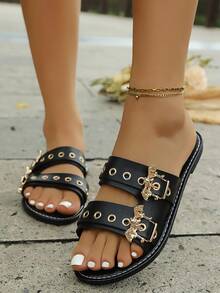 New Summer Plus Size Gothic Bat & Spider Design Rivet Sandals, Punk Millennium Style Casual Flat Slippers For Party Outdoor Wear - Rose Gold - View 4