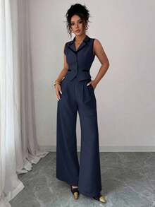 Traje de chaleco y pantalones con ribete de contraste elegante para mujer, todos los atuendos para mujer, de vuelta a la escuela, atuendos de maestra para mujer, vestido de invitada de boda elegante, casual de negocios para mujer, vestido de in - Azul marino 2 - Ver 6