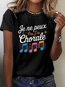 Fun T-Shirt With Choir Music Print And French Quote, Casual Short Sleeve Top With Round Neck, Spring/Summer Clothing For Women. - Black - View 1