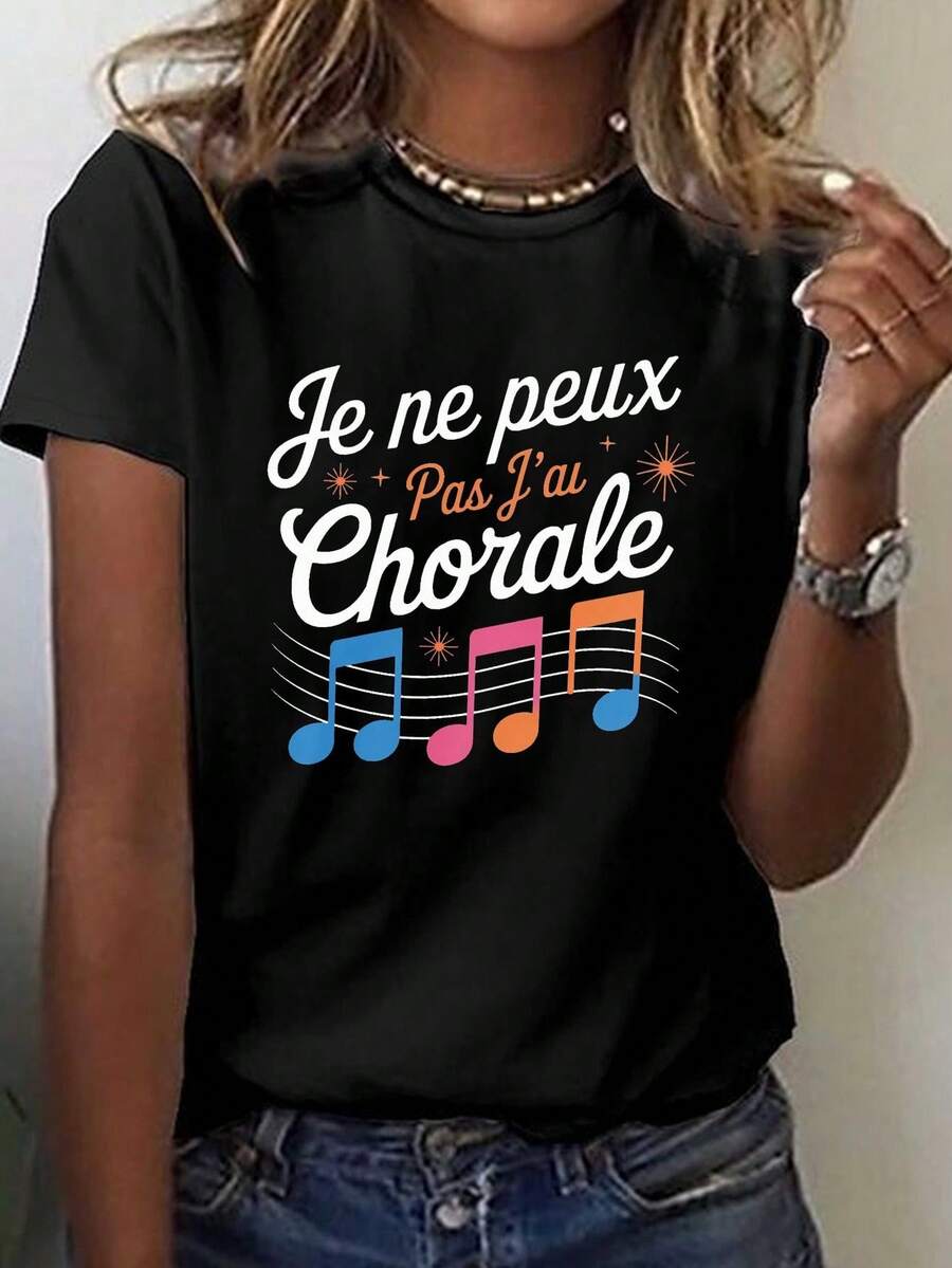 Fun T-Shirt With Choir Music Print And French Quote, Casual Short Sleeve Top With Round Neck, Spring/Summer Clothing For Women. - Black - View 1