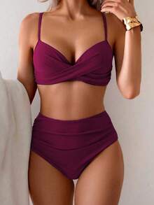 Bộ bikini hai mảnh dây mảnh phong cách Bohemian màu trơn gợi cảm thanh lịch cho mùa hè, set đồ đi biển ngọt ngào cho kỳ nghỉ - màu đỏ tím - Xem 2