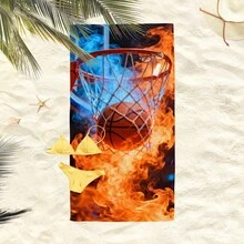 1 Peça Toalha de Praia com Estampa de Basquete, Cobertor de Praia Extra Grande de Microfibra Super Macia, Toalha de Banho Super Absorvente, Adequada para Viagem, Piscina, Mergulho, Surfe, Ioga, Camping, Disponível em Vários Tamanhos, Acessórios de Praia para Praia, Piscina, Viagem, Camping, Ioga - Basquete com fogo - Visão 4