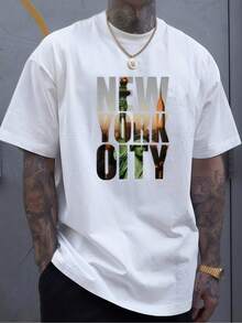 1pc Mens Clothes Statue Of Liberty Cityscape Print White TShirt, Unisex Casual Crew Neck Tshirt, Plus Size Men's Clothing 5XL, Lightweight 220gsm Knit - White - View 2
