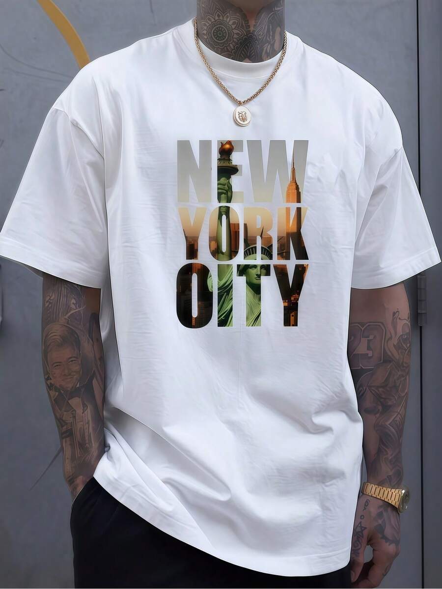 1pc Mens Clothes Statue Of Liberty Cityscape Print White TShirt, Unisex Casual Crew Neck Tshirt, Plus Size Men's Clothing 5XL, Lightweight 220gsm Knit