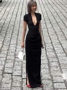 Short Sleeve Dress With Pleated Design For Girls - 黑色 - 查看 4