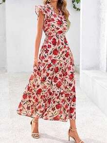 Bestseller Long V-Neck Pleated Ruffle Sleeve Printed Dress - Burgundy - View 4
