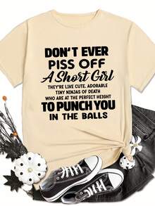 Camiseta divertida con estampado europeo y americano "No irrites nunca a una chica baja". - Blanco - Ver 7