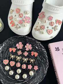 22pcs Green Turtle & Blue Starfish DIY Decorations, Detachable Shoe Clips Suitable For Sandals, Slippers, Garden Shoes, Beach Shoes - Pink Cherry Blossom Bow Set - View 4