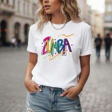 Women's Summer Tops, Women's Cotton Graphic Print T-Shirt, Zumba Style, Short Sleeve, Round Neck, Casual, Loose Fit, Sizes S-5XL, Multicolor Letter Print, Soft And Comfortable Cotton Material, Fashionable Sportswear For Daily Wear, Loose And Comfortable Summer Clothes, 100% Cotton. Suitable For Spring, Summer And Autumn - 白色 - 查看 1