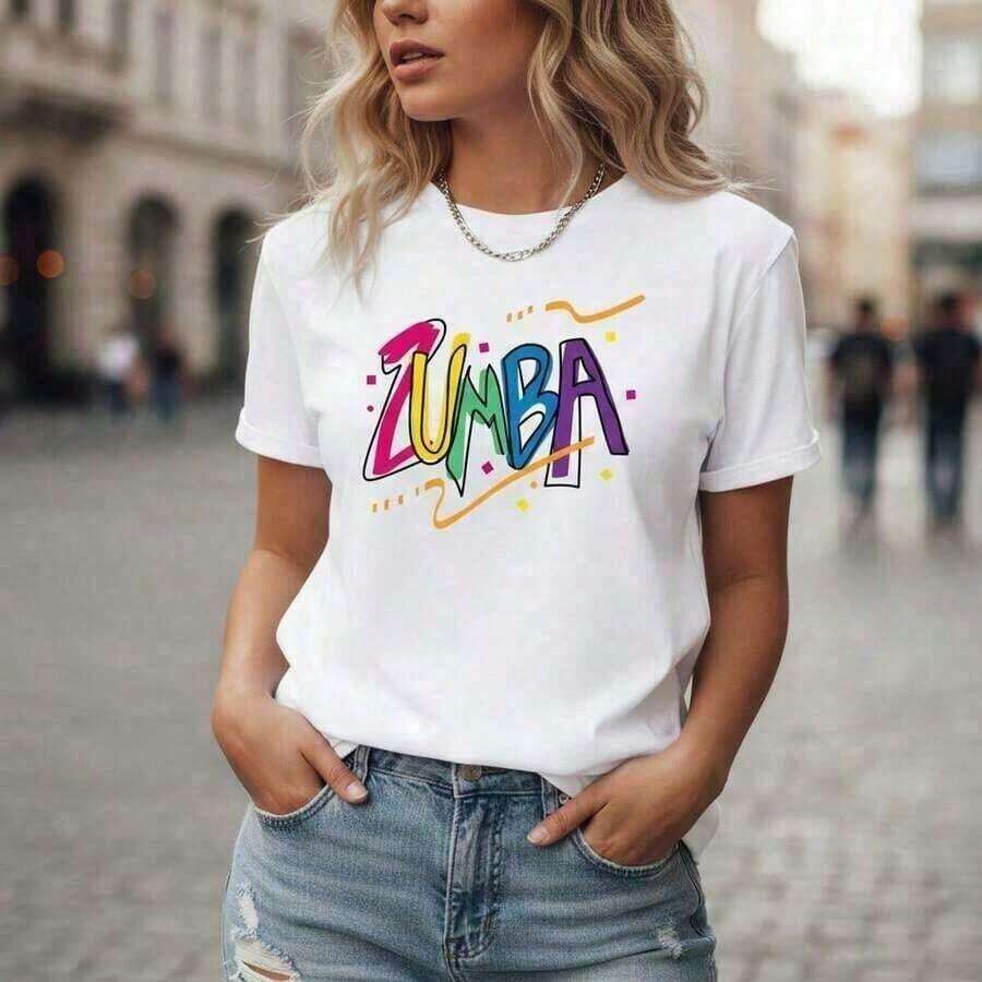 Women's Summer Tops, Women's Cotton Graphic Print T-Shirt, Zumba Style, Short Sleeve, Round Neck, Casual, Loose Fit, Sizes S-5XL, Multicolor Letter Print, Soft And Comfortable Cotton Material, Fashionable Sportswear For Daily Wear, Loose And Comfortable Summer Clothes, 100% Cotton. Suitable For Spring, Summer And Autumn - 白色 - 查看 1