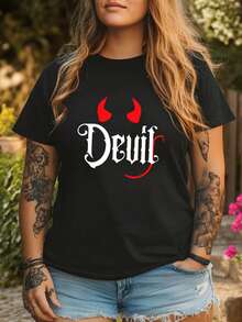 Talla, camiseta de mujer de talla con estampado gráfico, top casual de manga corta y cuello redondo para verano y primavera, ropa de mujer - Negro - Ver 7