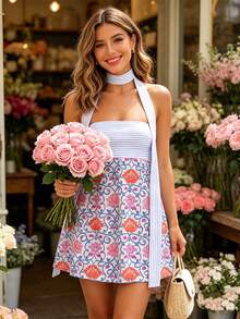 Vestido Mini para Mujer con Estampado Floral y Cuello de Bufanda, Sin Mangas A-Line, Fluido para Vacaciones y Citas de Verano - Azul - Ver 3