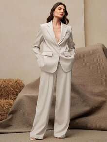 Conjunto de traje de mujer, blazer de unicolor estilo vintage + pantalones rectos, 2 piezas - Beis - Ver 9