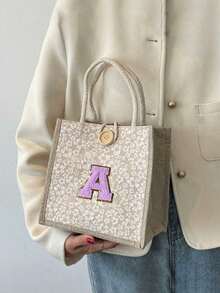 1pc Embroidered Letter Pattern Handbag, Floral Print Linen Tote Bag, Ditsy Floral Linen Decorative Button Handbag, Minimalist Large Capacity Handbag, Portable Casual Storage Tote Bag, Multifunctional Shopping Bag - Multicolor - View 4