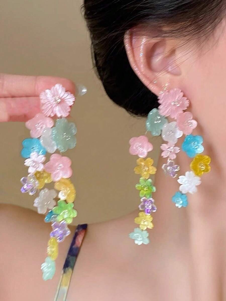2 piezas Pendientes con borlas florales elegantes y dulces, pendientes con colgante de metal y resina multicolor, adecuados para uso diario, fiestas, vacaciones, regalo diario de mujer - Multicolor - Ver 1