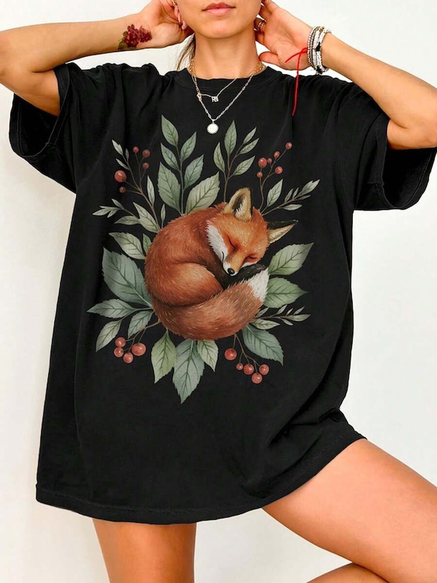Vintage Forest Fox S1Hirt, Floral Woodland Animal T1EE, CottageE1core Nature S1Hirt, Forestcore WildL1L1ife S1Hirt, Animal Lover Gift.