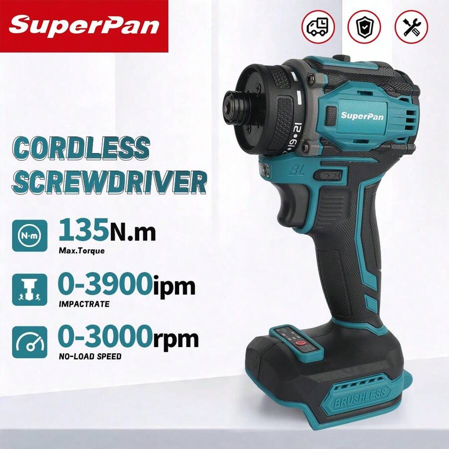 SuperPan 无刷无绳冲击螺丝刀,135牛米高扭矩裸机,转速0-3000转/分,冲击频率3900次/分,适用于紧固和建筑作业。 - 藍色 - 查看 1