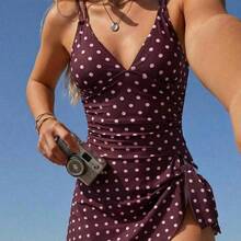 Swim Mod Traje de baño tipo tankini casual con estampado de lunares y nudo lateral para mujer - Amarillo claro - Ver 2