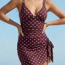 Swim Mod Traje de baño tipo tankini casual con estampado de lunares y nudo lateral para mujer - Amarillo claro - Ver 4