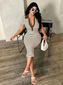 Vestido polo de manga corta a rayas blanco y negro de estilo minimalista y casual para ir al trabajo, vestido de punto de media longitud con ajuste ceñido y gran elasticidad, vestido elegante francés - Café integral - Ver 6