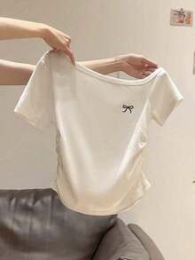Camiseta corta de manga corta con hombros descubiertos y lunares en blanco y negro para mujer, top corto de ajuste ceñido - Blanco 2 - Ver 1