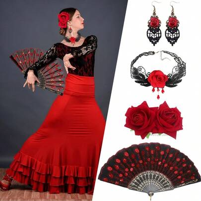 佛朗明哥配件套裝，女士玫瑰花髮夾、刺繡亮片布料手持摺扇、項圈，適合佛朗明哥舞者、亡靈節服裝、Cosplay派對、嘉年華、萬聖節、復活節