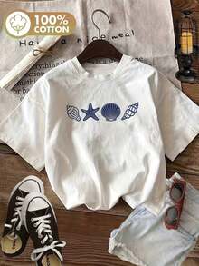 Sommarsemestertoppar, 100 % bomull; bekväma toppar i strandsemesterstil; kortärmad t-shirt med rund hals för kvinnor, mjuk och andningsbar; lämplig för vardagsbruk för alla kvinnor; lämplig för vår, sommar och höst. Sommar-t-shirt - Vitt - Visa 7