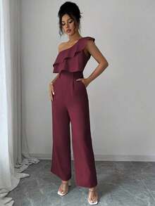 Mono de mujer con diseño casual apropiado para vacaciones de primavera/verano, adecuado para la oficina, el transporte, la playa y la hora del té de la tarde, con tirantes de espagueti, cintura con doble volante y silueta recta y suelta - Granada - Ver 4