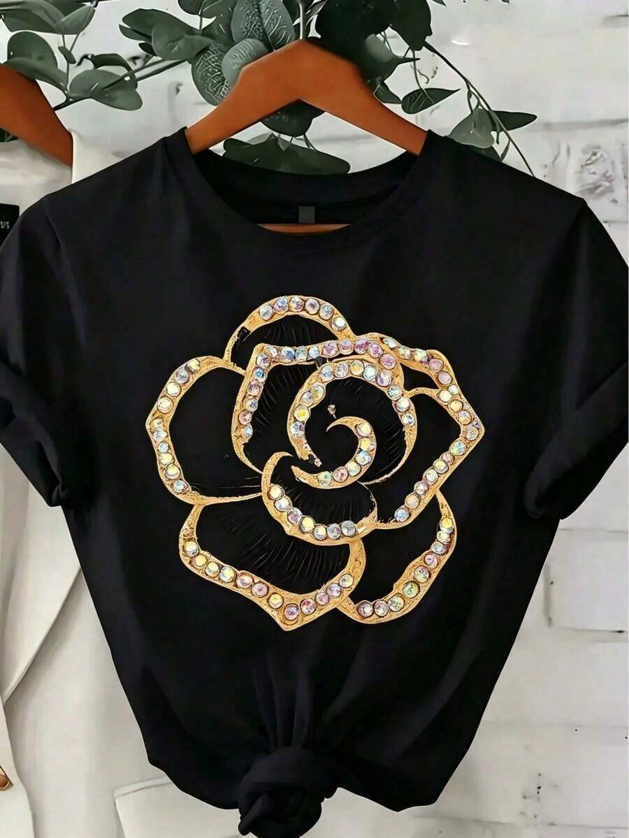 1 pieza de camisetas holgadas y transpirables para hombre, con estampado floral sencillo, elegantes camisetas para mujer. |   Patrón floral en rosa suave y dorado, transpirable y agradable para la piel, adecuado para ocasiones de ocio diario y banquetes. Diseño minimalista, cuello redondo, cómodo de llevar, textura ligera, corte de manga corta, camisetas de mujer a la moda para el verano. 180g Algodón 100%. - Negro - Ver 1