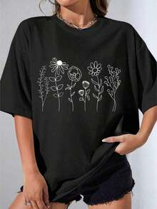 Camiseta de niña de algodón, Camiseta Oversize con Estampado Floral Blanco para Uso Casual, Fiesta al Aire Libre, Camiseta Estampada Casual de 180g - Negro - Ver 7
