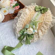 LOLITA 田園風多色可愛花卉蕾絲蝴蝶結平頂草帽，Lolita髮飾，春夏秋冬四季森系Lolita髮飾，編織防曬裝飾帽，優雅蕾絲服裝搭配頭飾 - A - 查看 5