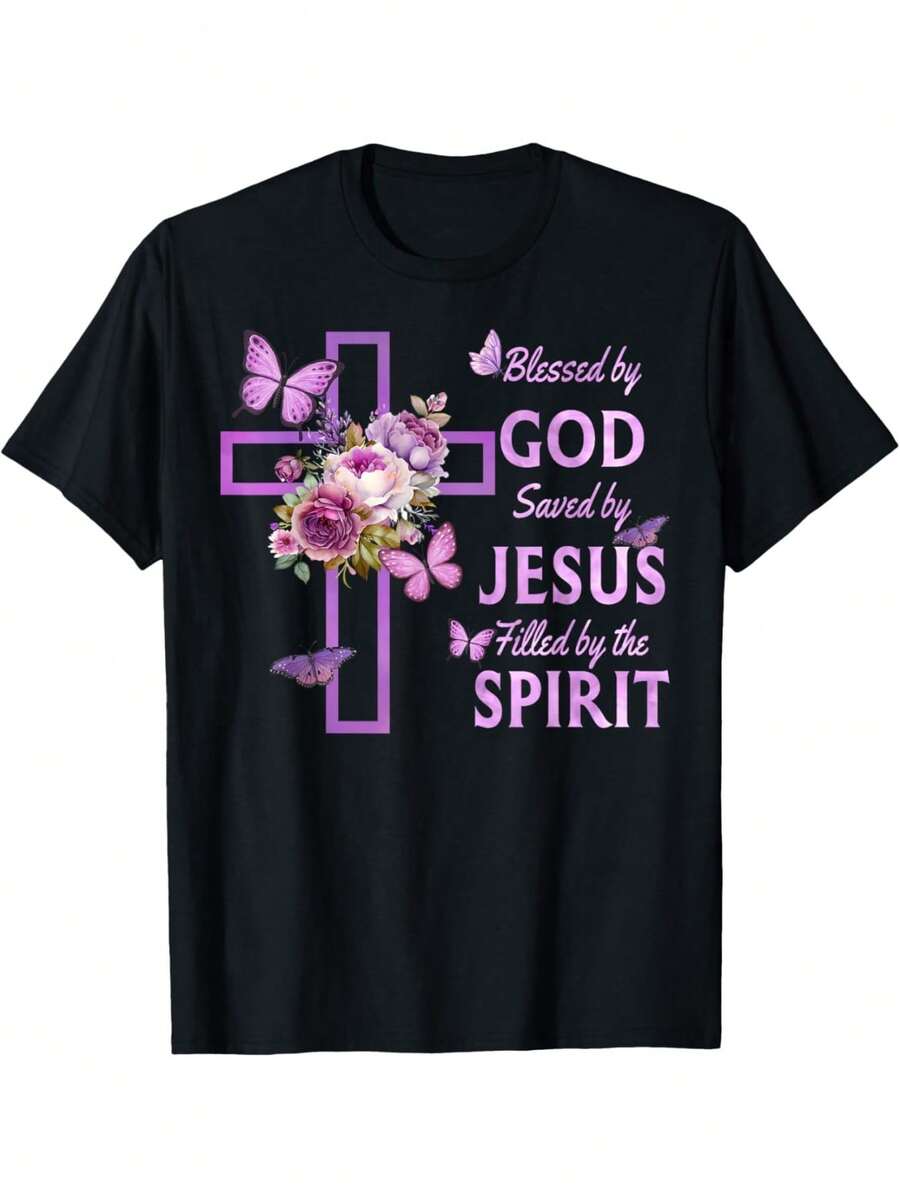 By God Saved By Jesus Purple Floral Cross Christian T-Shirt Tee - Black - View 1